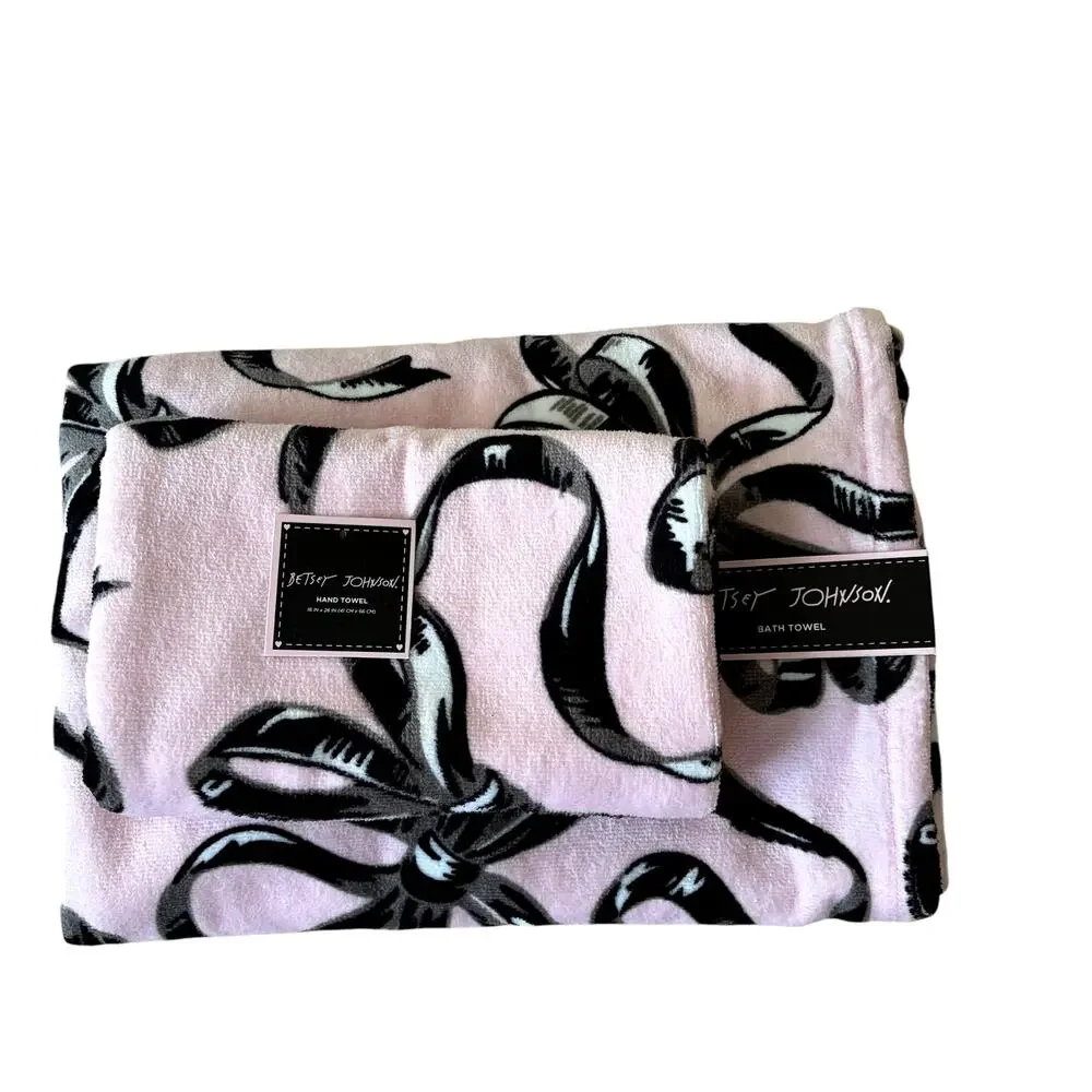 3pc Betsey Johnson BALLET BOWS Towel Set 2 Bath 1 Hand Pink & Black NEW